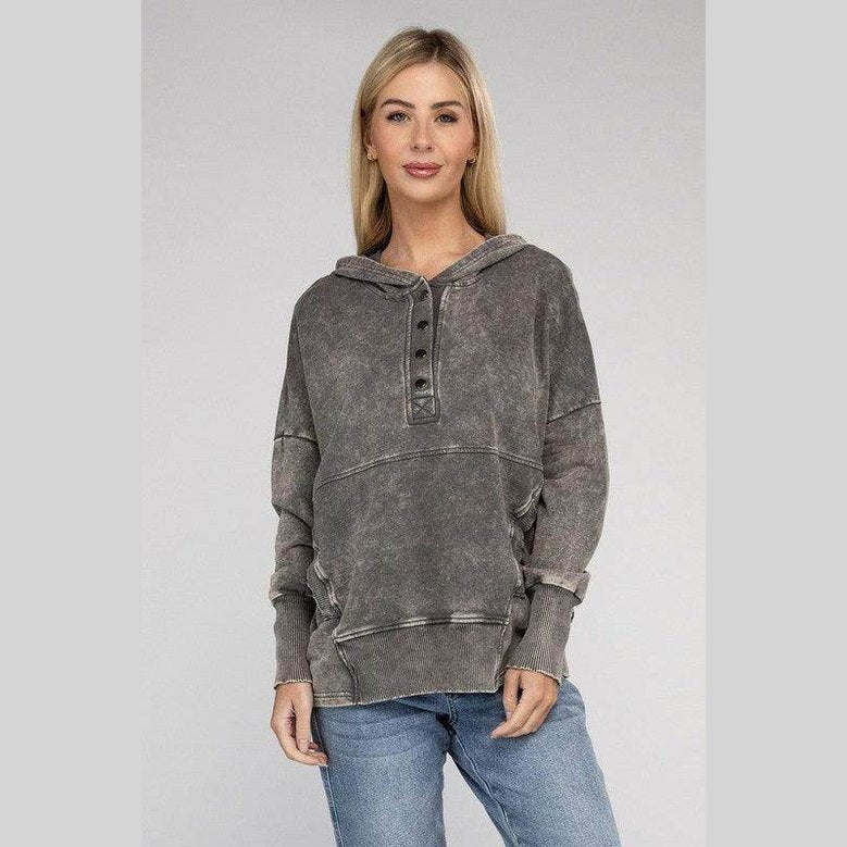 French Terry Acid Wash Kangaroo Pocket Hoodie - VacationGrabs