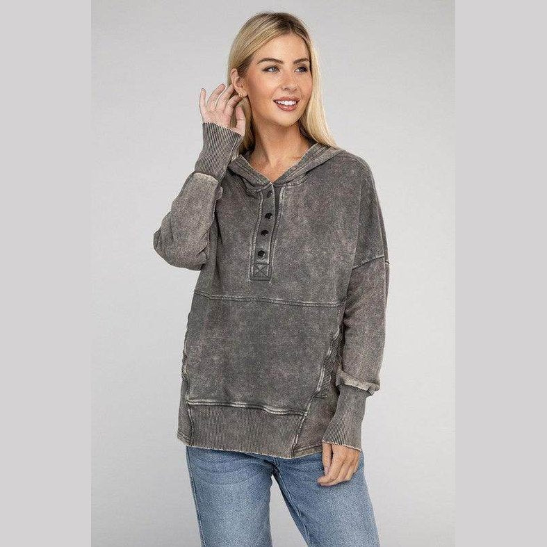 French Terry Acid Wash Kangaroo Pocket Hoodie - VacationGrabs