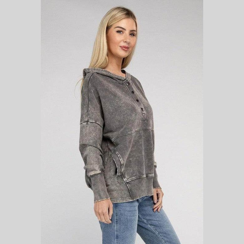 French Terry Acid Wash Kangaroo Pocket Hoodie - VacationGrabs