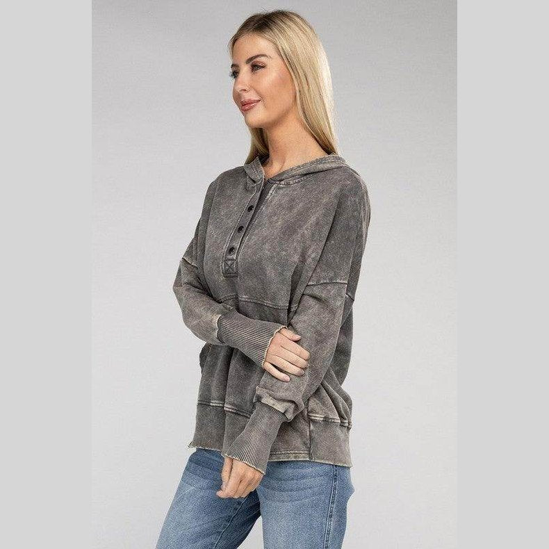 French Terry Acid Wash Kangaroo Pocket Hoodie - VacationGrabs