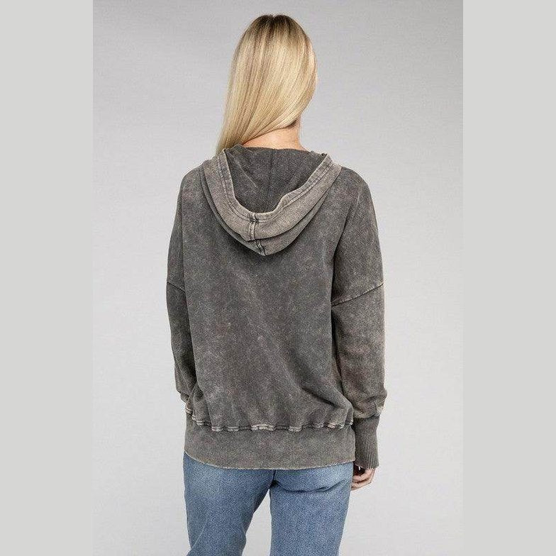 French Terry Acid Wash Kangaroo Pocket Hoodie - VacationGrabs