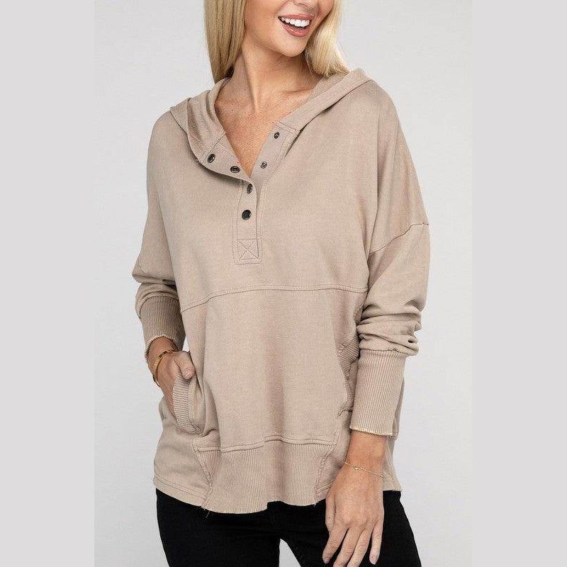 French Terry Acid Wash Kangaroo Pocket Hoodie - VacationGrabs