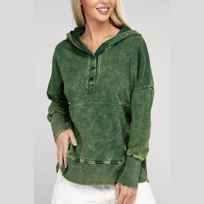 French Terry Acid Wash Kangaroo Pocket Hoodie - VacationGrabs