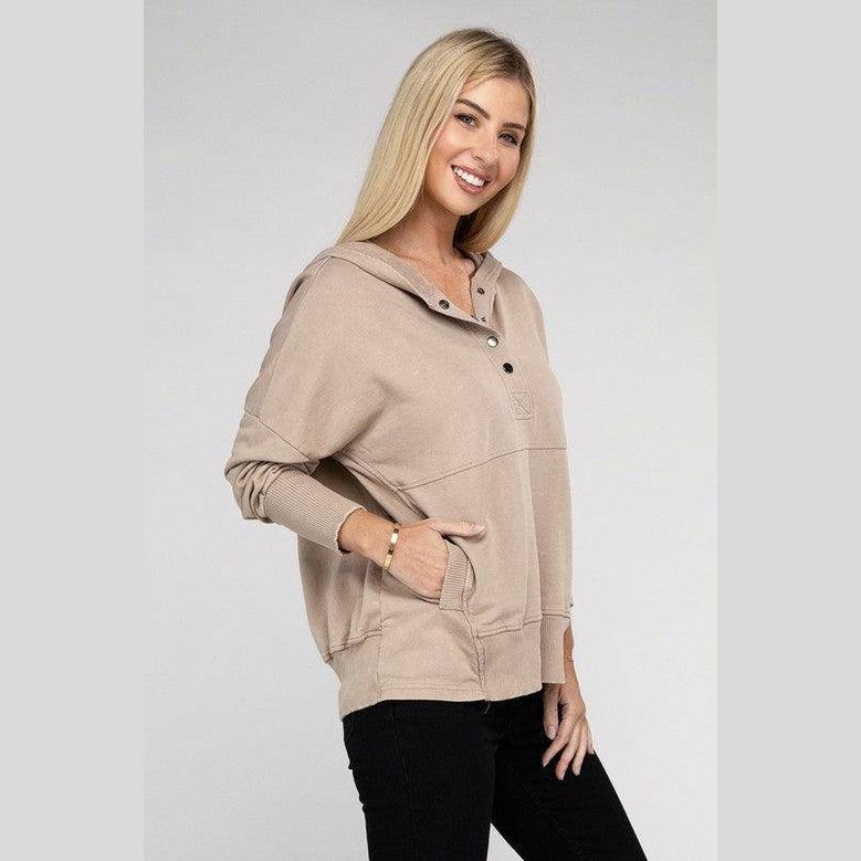 French Terry Acid Wash Kangaroo Pocket Hoodie - VacationGrabs