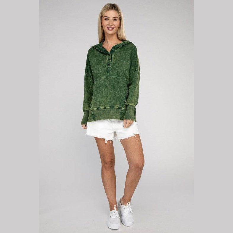 French Terry Acid Wash Kangaroo Pocket Hoodie - VacationGrabs