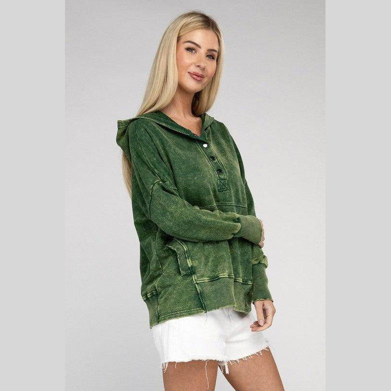 French Terry Acid Wash Kangaroo Pocket Hoodie - VacationGrabs