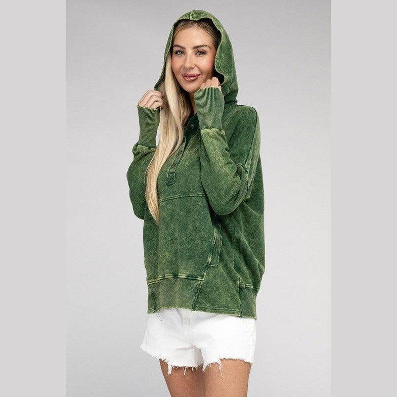 French Terry Acid Wash Kangaroo Pocket Hoodie - VacationGrabs