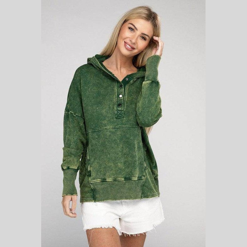 French Terry Acid Wash Kangaroo Pocket Hoodie - VacationGrabs