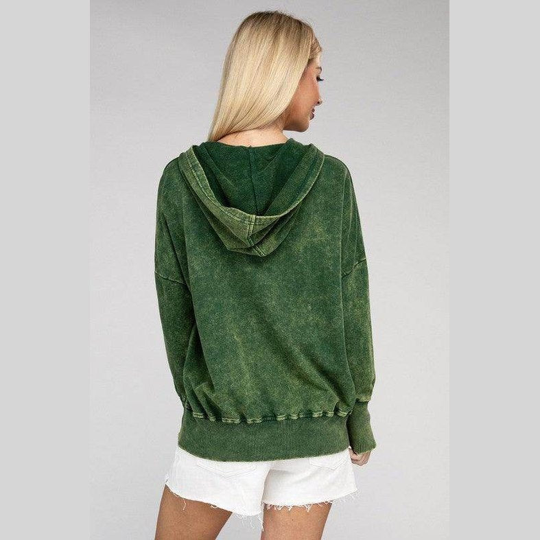 French Terry Acid Wash Kangaroo Pocket Hoodie - VacationGrabs