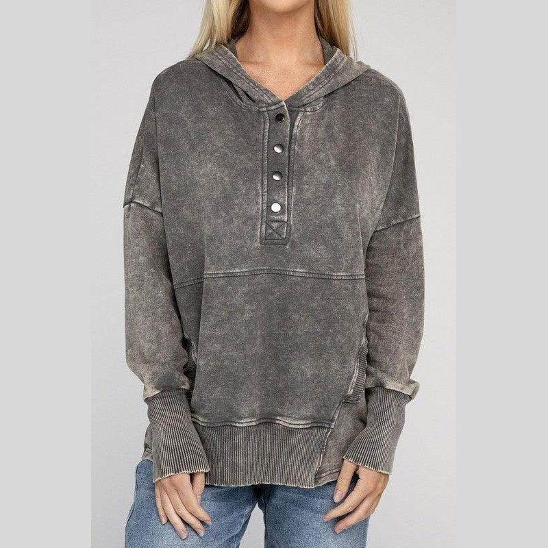 French Terry Acid Wash Kangaroo Pocket Hoodie - VacationGrabs