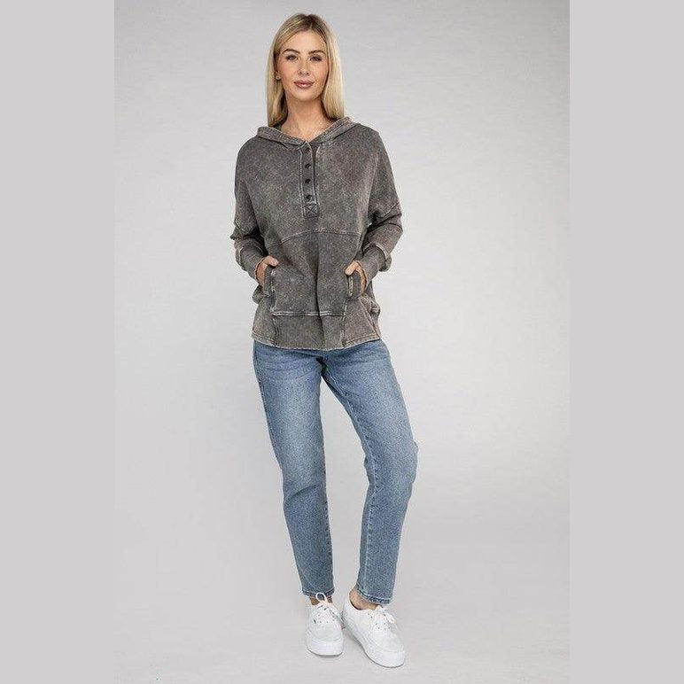 French Terry Acid Wash Kangaroo Pocket Hoodie - VacationGrabs
