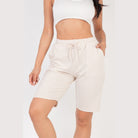 VacationGrabs women's beige french terry bermuda shorts with drawstring waistband