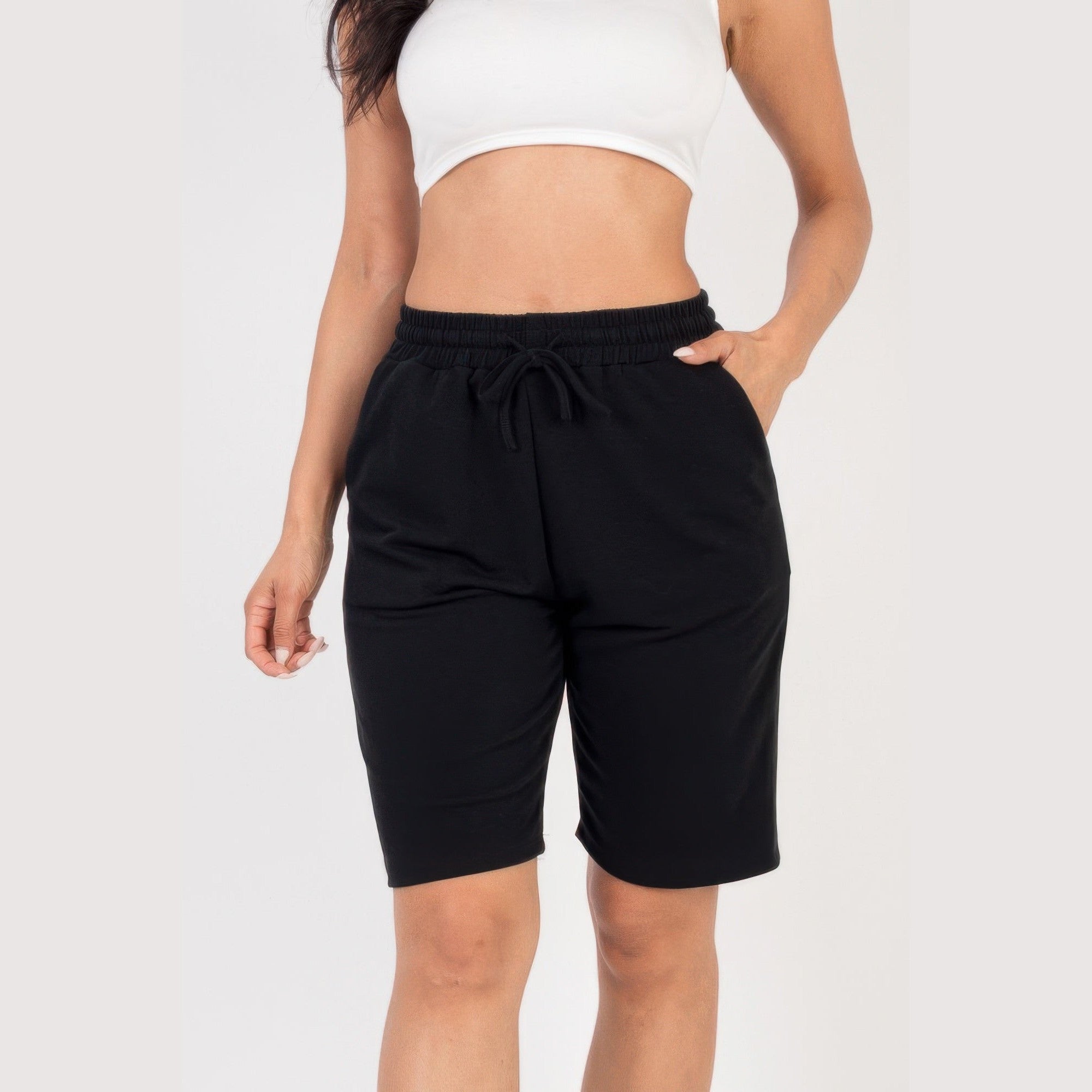 VacationGrabs black women's french terry bermuda shorts with elastic waistband and drawstring