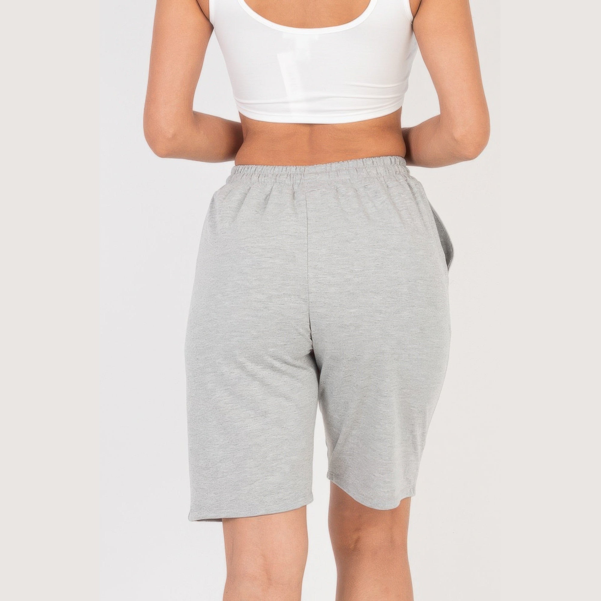 VacationGrabs women's gray french terry bermuda shorts with elastic waistband back view