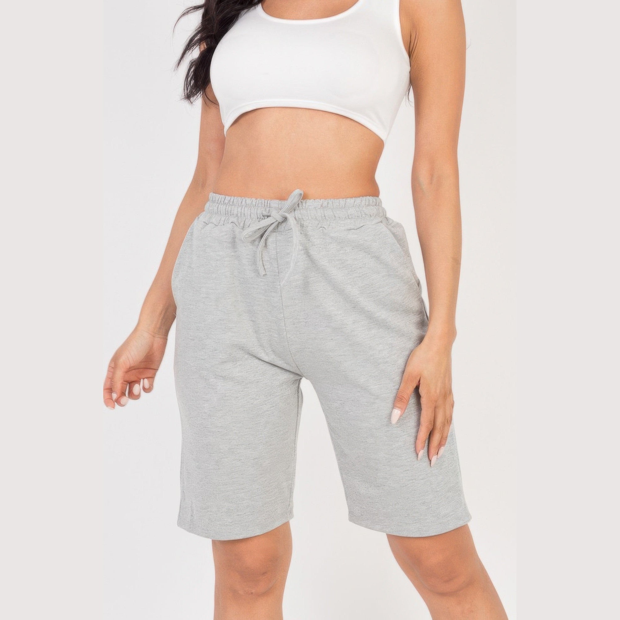 VacationGrabs women's gray french terry bermuda shorts with drawstring waist and relaxed fit