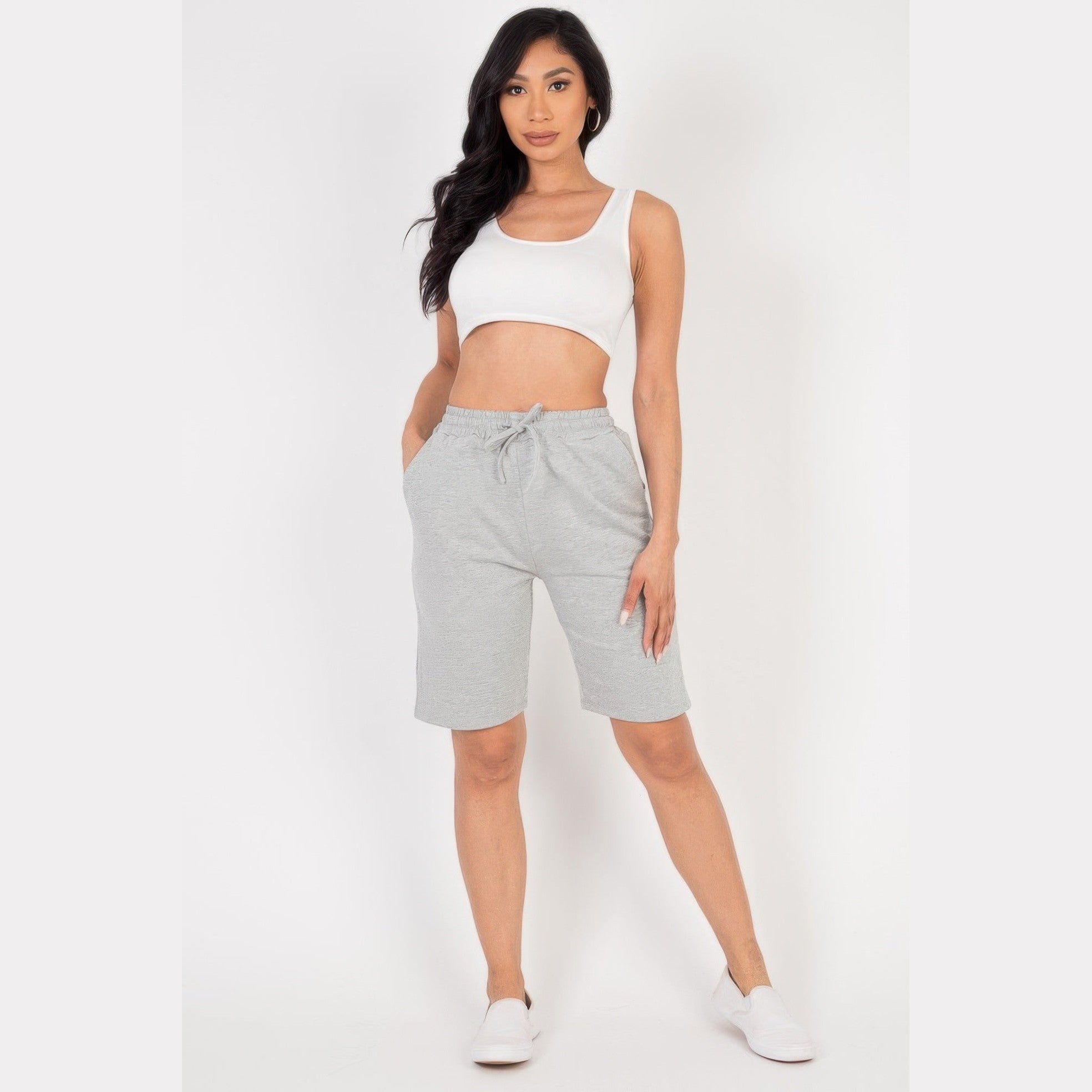 VacationGrabs women's french terry bermuda shorts in light gray with drawstring waist
