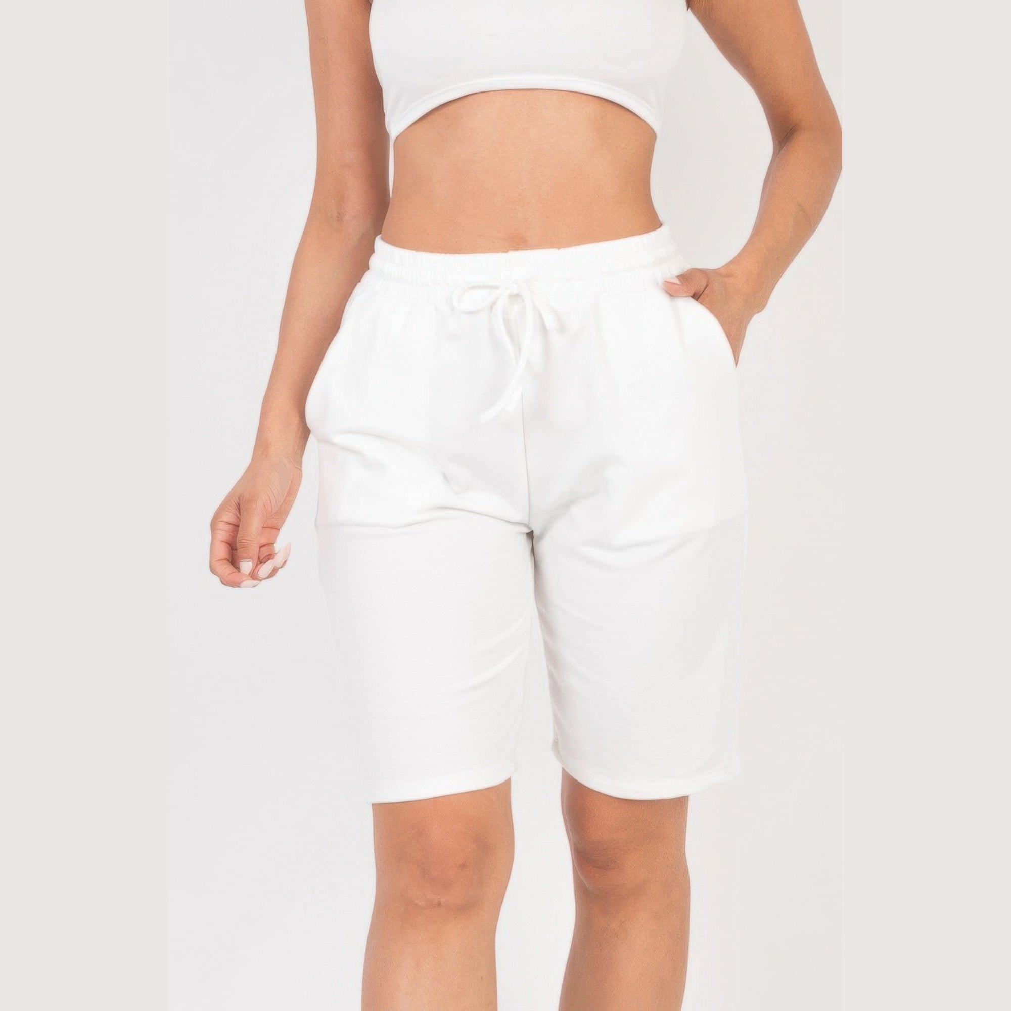 VacationGrabs women's white french terry bermuda shorts with drawstring waist and side pockets
