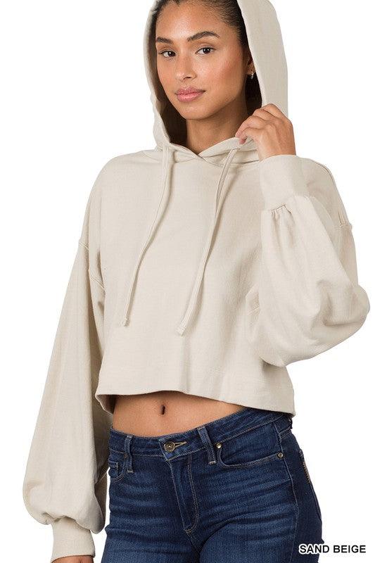 Women's Shirts French Terry Drop Shoulder Cropped Hoodie