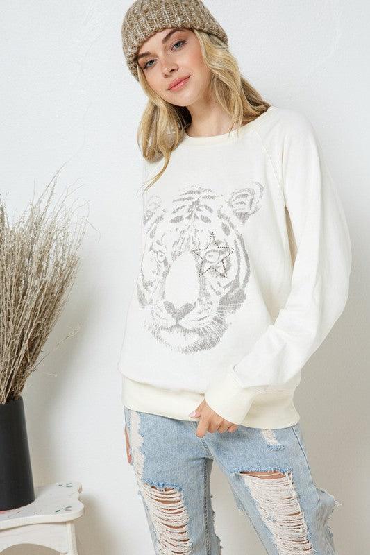 Women's Sweatshirts & Hoodies French Terry Tiger Studded Star Graphic Sweatshirt