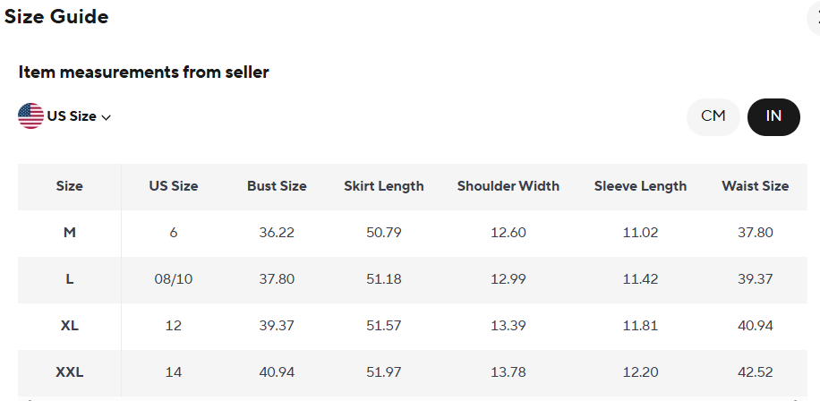 Size guide chart for clothing measurements in US, CM, and IN with size labels M, L, XL, and XXL.