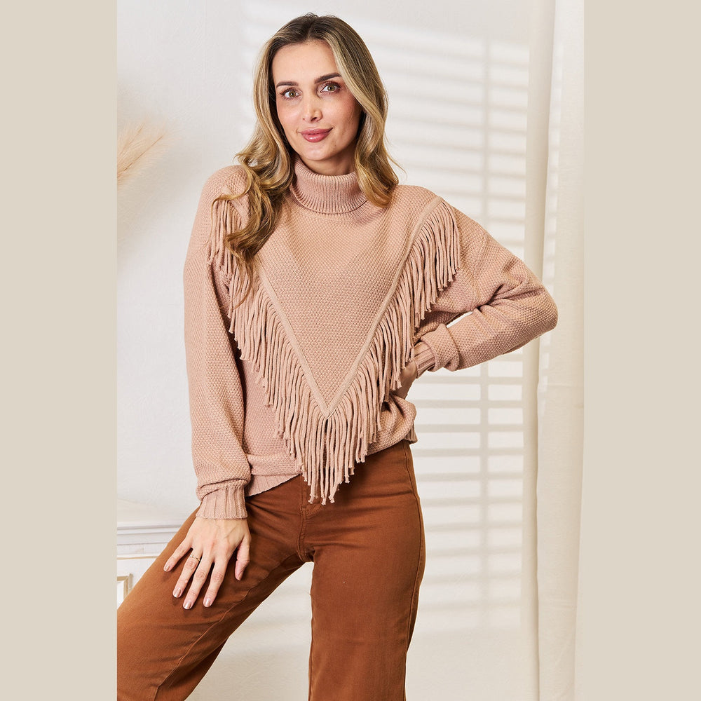 Trendsi Women's Sweater with Fringe Front Long Sleeve and Ribbed Texture in Light Beige