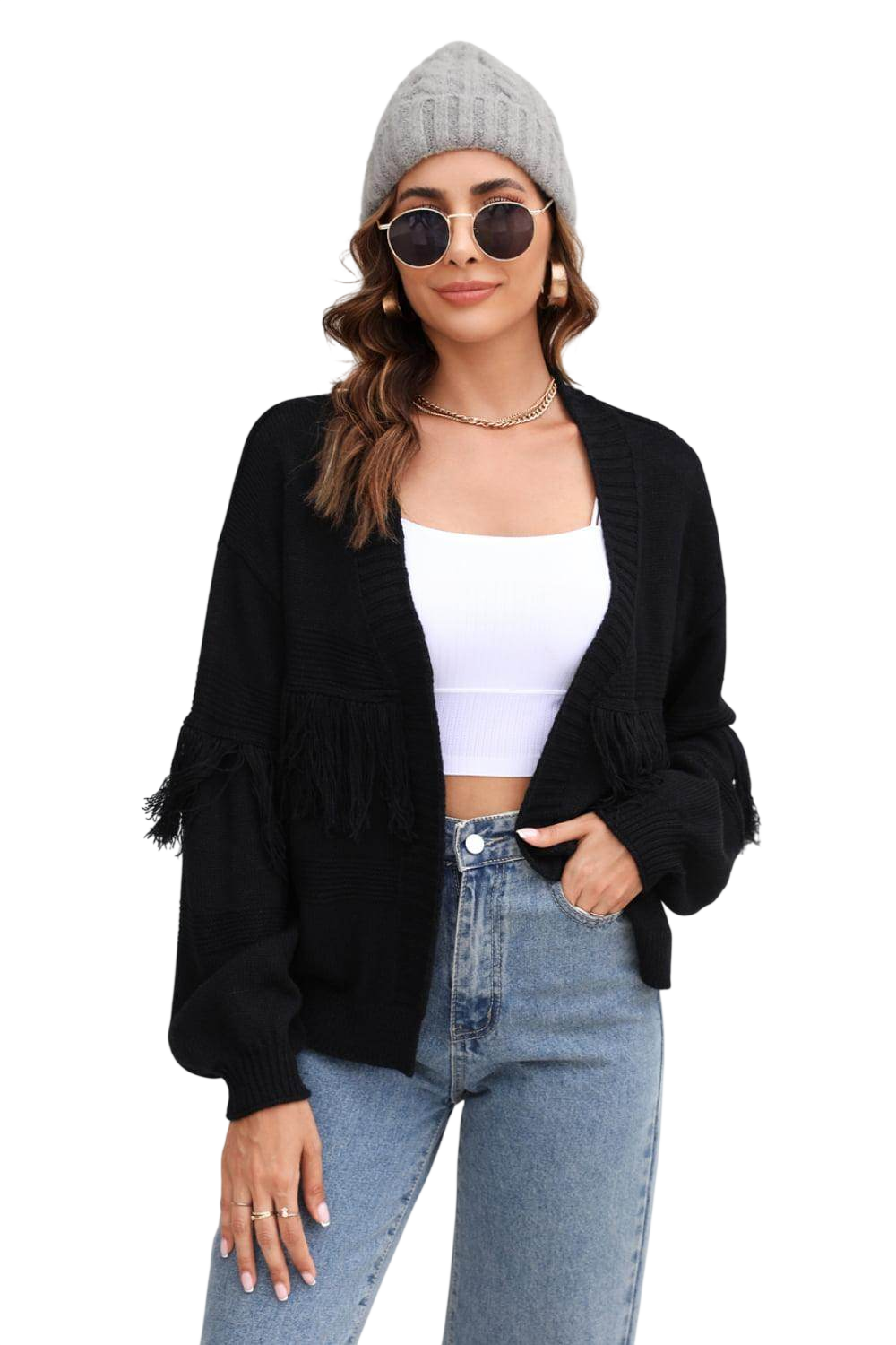 VacationGrabs Women's Fringe Trim Cardigan in Hot Pink
