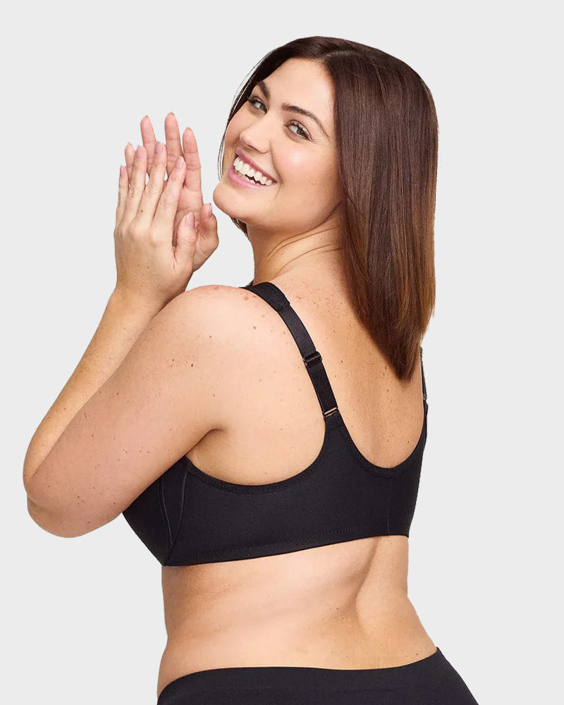 SheCurve black front closure underwire bra with adjustable straps for comfort and support