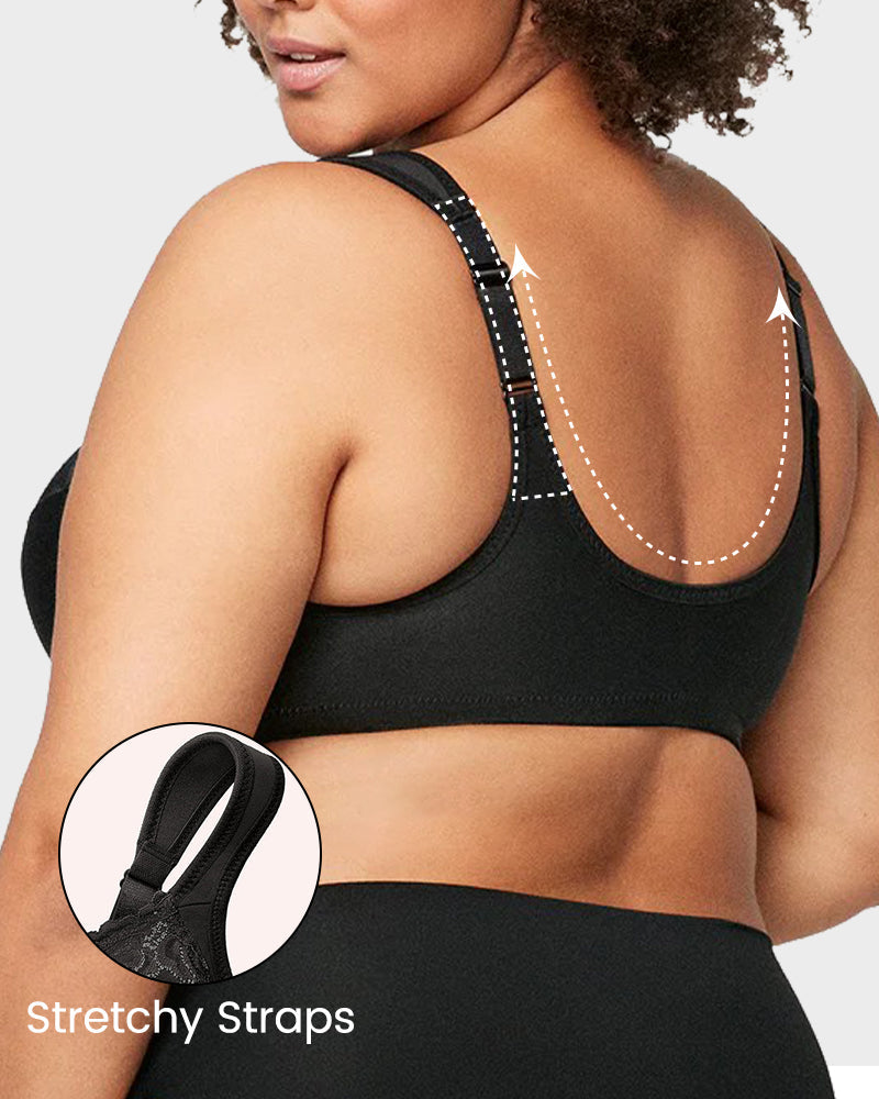 SheCurve black front closure underwire bra with stretchy straps for comfort and support