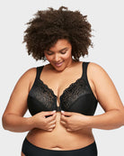 SheCurve front closure underwire bra in black with lace detailing for comfort and support