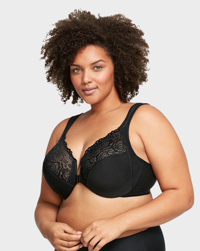 SheCurve front closure underwire bra in black with lace detailing for added elegance
