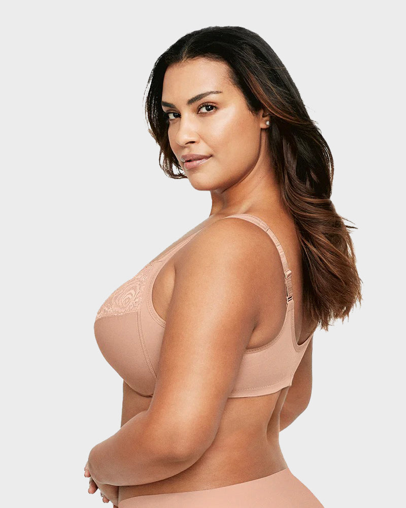 SheCurve front closure underwire bra in nude with lace detailing and adjustable straps