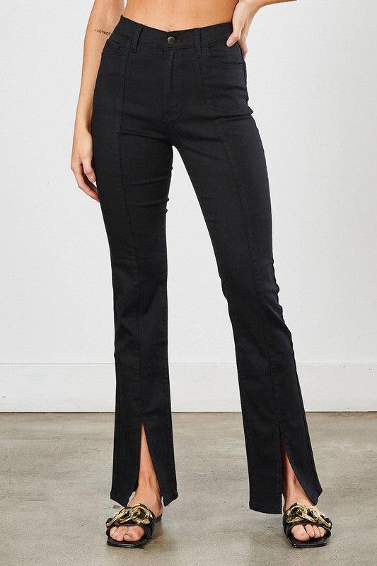 Women's Jeans Front Slit Slim Bootcut Jeans in Black