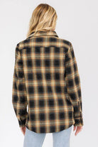 WEIV Women's Full Plaid Flannel Shirt in Black and Tan, Perfect for Vacations
