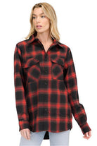 WEIV Women's Red and Black Full Plaid Flannel for vacations with button-up front and two chest pockets