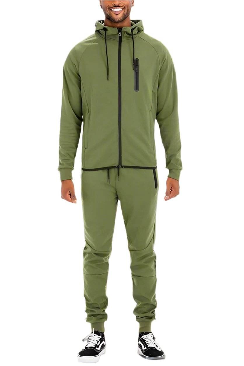Men's WEIV 2PC Track Set featuring a full zip jacket and pants in olive green for active wear