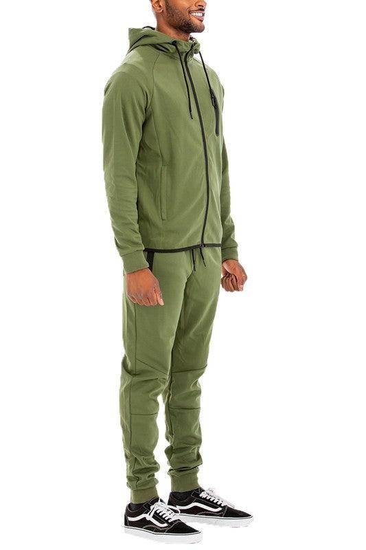 WEIV Men's 2PC Track Set featuring a full zip jacket and pants in olive green color