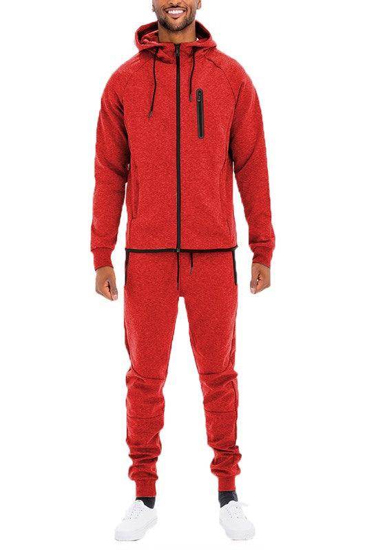 Men's 2PC Track Sets by WEIV featuring a full zip jacket and pants in vibrant red color