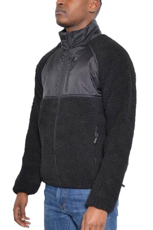 WEIV full zip sherpa jacket in black with quilted panels and zippered pockets for men