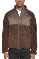 WEIV full zip sherpa jacket in brown with a soft, warm texture for men