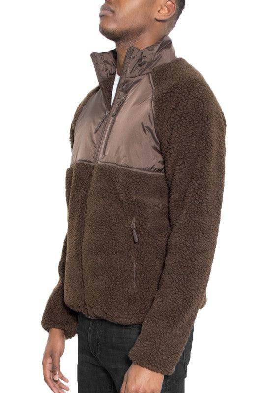 WEIV men's full zip sherpa jacket in brown with a stylish design and zippered pockets