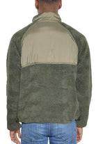 Men's WEIV full zip sherpa jacket in olive green with contrasting upper panel and relaxed fit