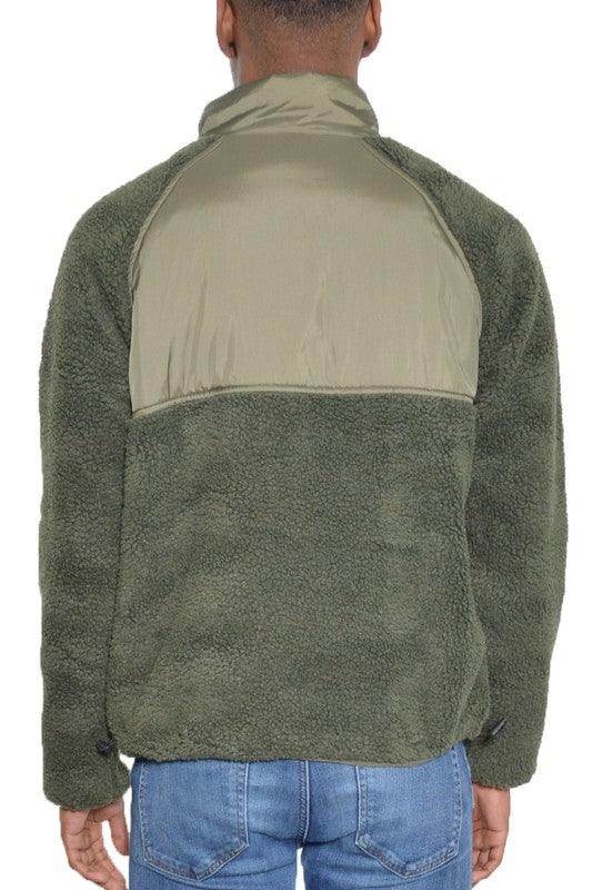 Men's WEIV full zip sherpa jacket in olive green with contrasting upper panel and relaxed fit