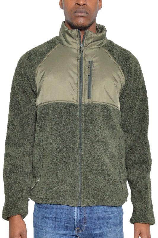 WEIV Men's Full Zip Sherpa Jacket in Olive Green with Warm Fleece and Stylish Design