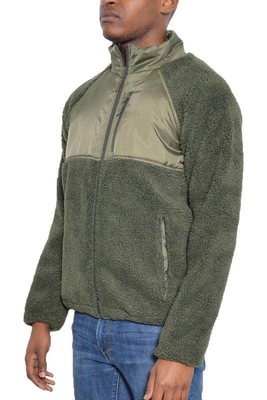 WEIV Full Zip Sherpa Jacket in Olive Green with Comfortable Fit and Padded Chest Panel