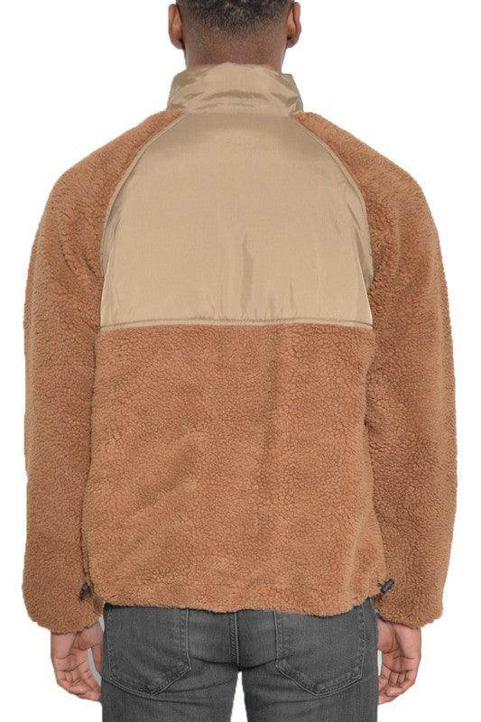 WEIV full zip sherpa jacket in brown with contrasting tan back view for stylish warmth