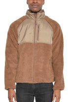 WEIV full zip sherpa jacket in brown with a contrasting tan panel for a stylish and cozy look