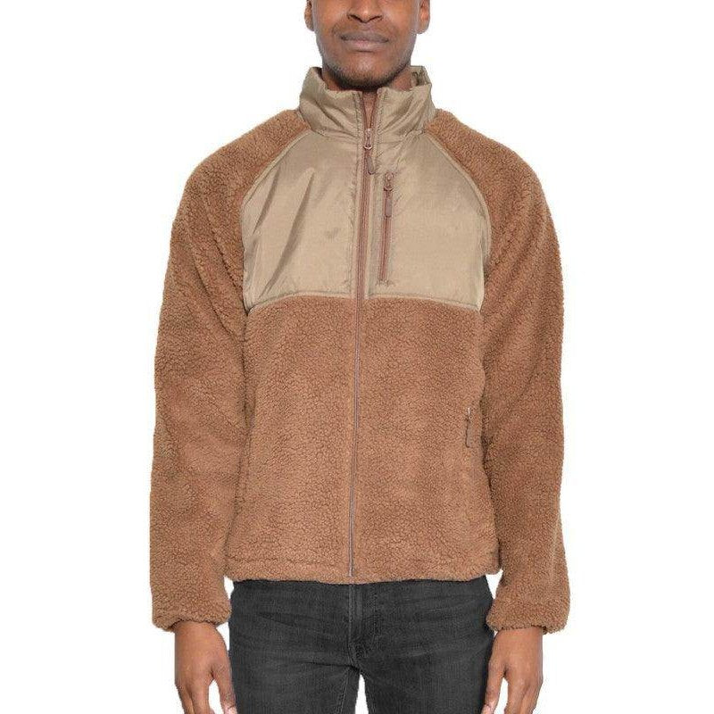 WEIV full zip sherpa jacket in brown with a contrasting tan panel for a stylish and cozy look