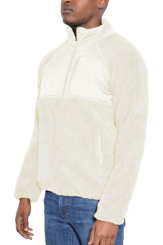 Men's WEIV full zip sherpa jacket in soft cream color with side pockets and a stylish design