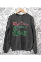 Funny Christmas sweaters featuring Mrs. Claus but married to the Grinch design on a dark sweatshirt