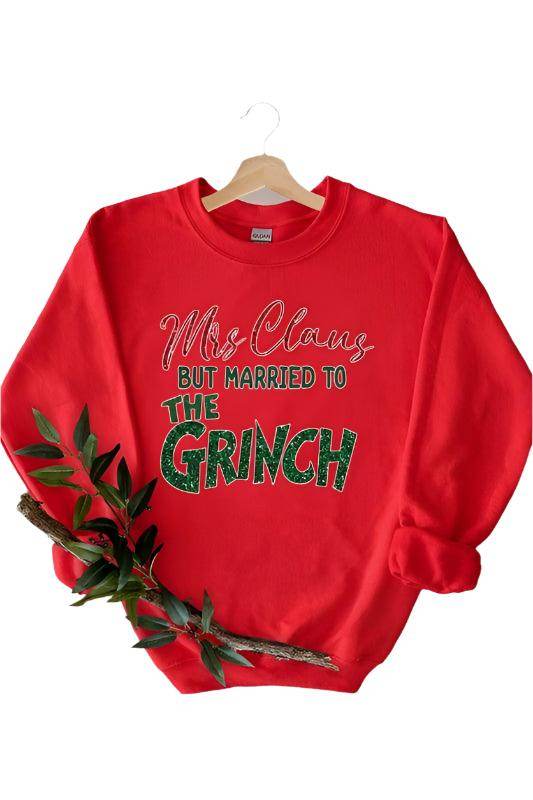 Red Mrs Claus but Married to the Grinch sweatshirt, a fun option among funny Christmas sweaters